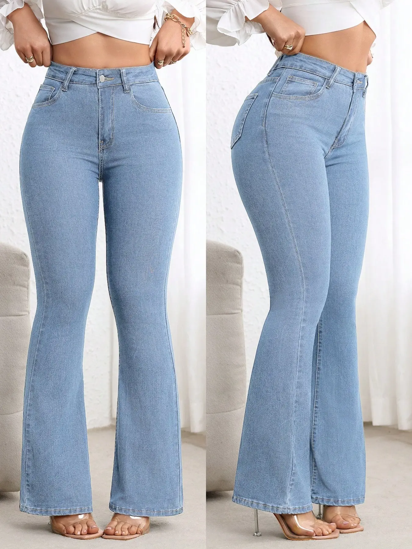 Fashion High-Waisted Stretchy Butt-Lifting Denim Flare Pants, Casual Daily Wear Women's Mid-Waist Denim Flare Long Pants