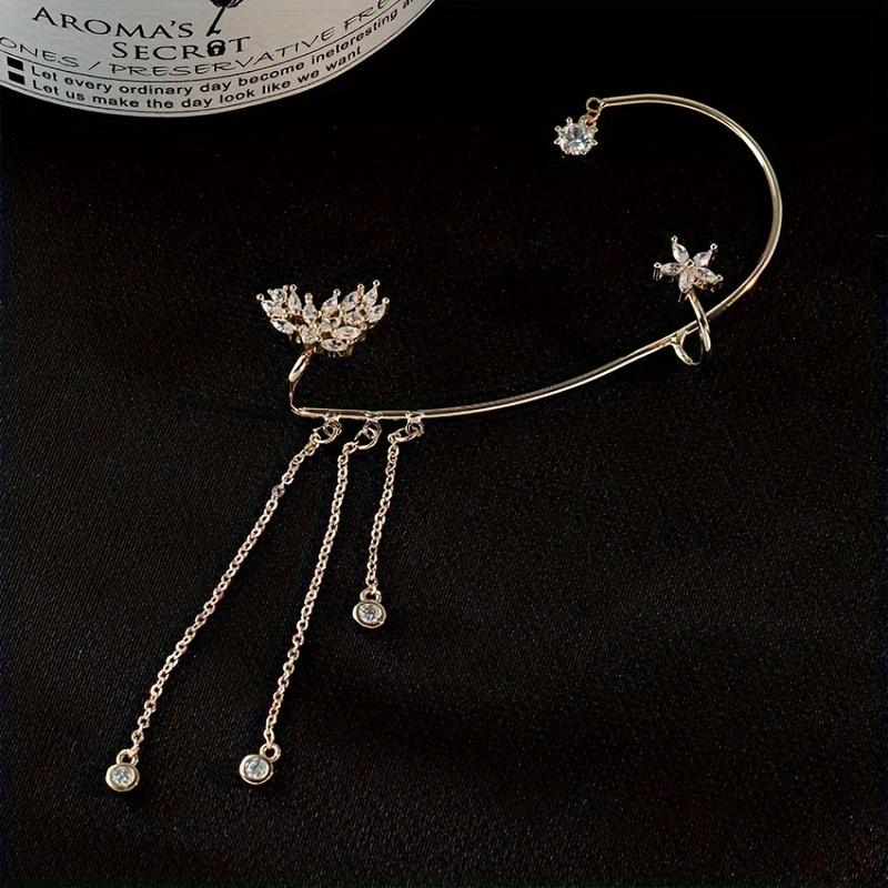 [Trendy Zirconia Tassel Ear Cuff] Shiny Butterfly Ear Cuff Earring Trendy Zirconia Inlaid Tassel Ear Wrap Earrings Elegant Ear Ornaments Jewelry Accessories for Women Tassel Ear Hooks Without Ear Holes