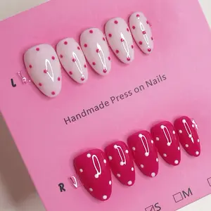 2K STYLE Handmade Almond Shape Press on Nails,Magenta Milky Polka Dots , 10 Pieces with Jelly Glue and File, Perfect Gift for Girls, Parties, Home Gatherings