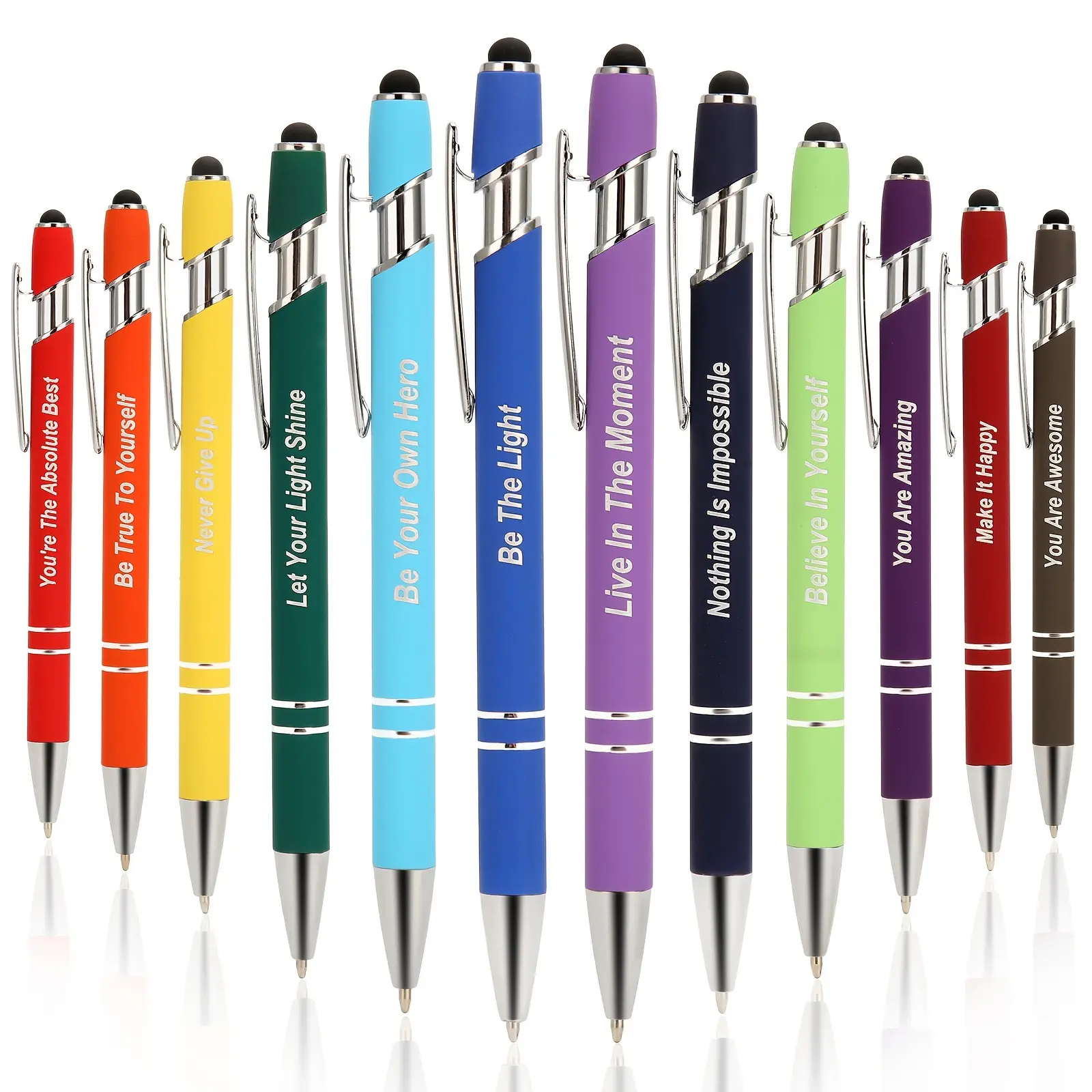Set of 12 Inspirational Ballpoint Pens Featuring Touch-screen-compatible Tips and Ink Cartridges with Uplifting, Humorous Quotes—perfect As A Thank-you Gift for Teachers, Colleagues, Schools, and Offices. Black Ink.
