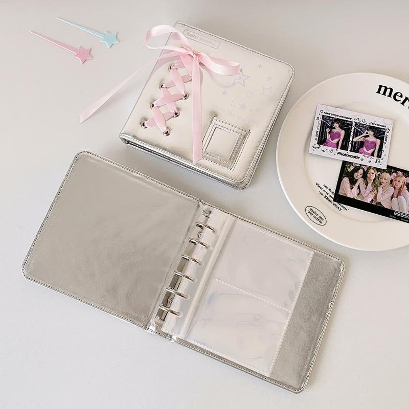 Silver Leather PU Photo Album Ballet Ribbon Photocard Binder 3 Inch Kpop Idol Card Collection Book A5 A7 Photo Albums INS Style