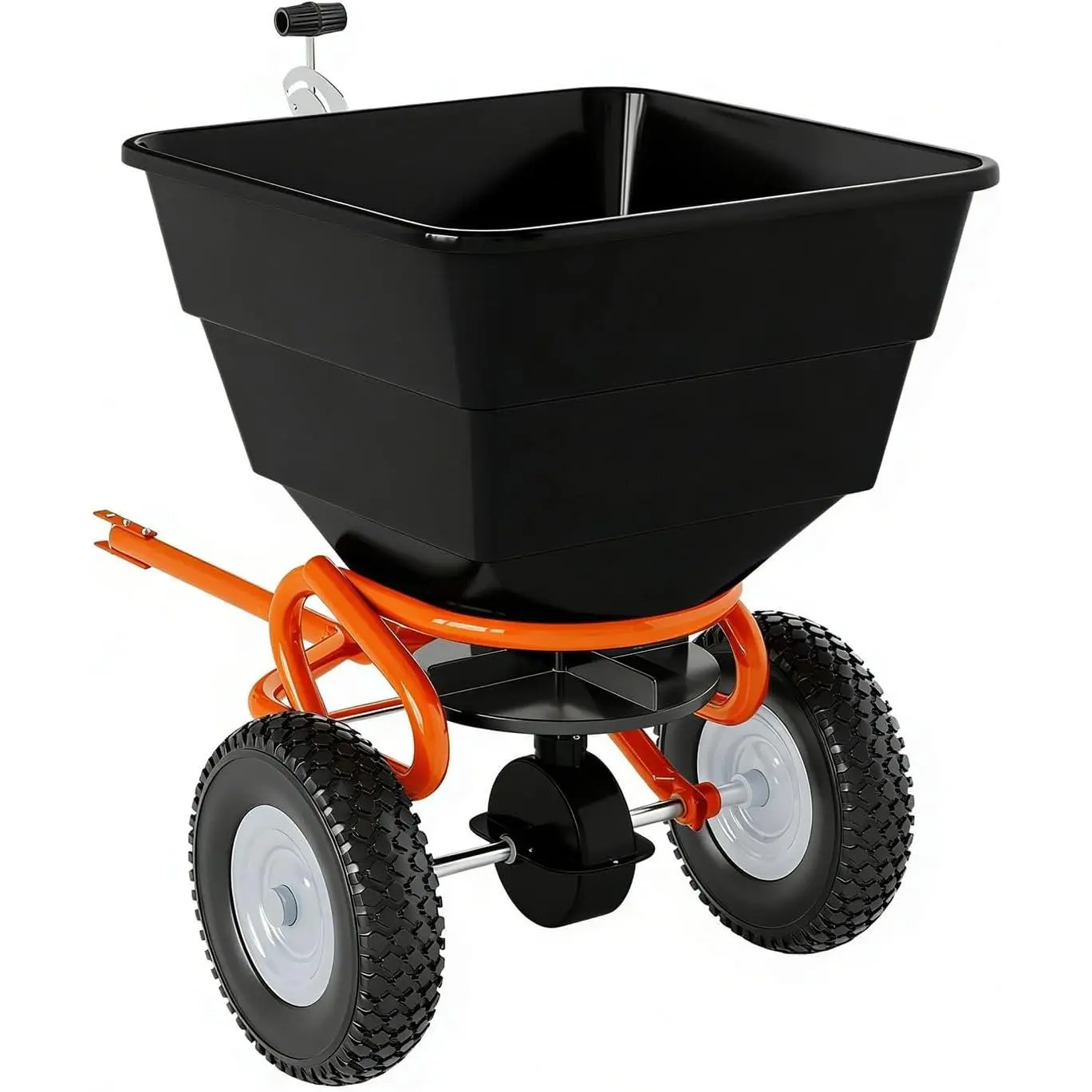 Tow-Behind Broadcast Spreader, 110 Lbs Capacity Pull Lawn & Garden Spreader with 10-inch Pneumatic Tires, 30-level Adjustable Circulation, All-purpose Hitch, Corrosion-resistant Design for Fertilizer, Seed, Salt, ATV, Tractor Commercial Use