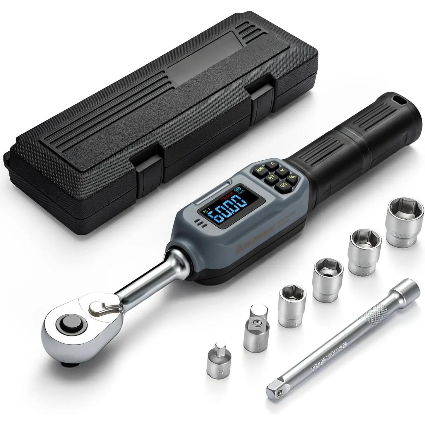 Digital Torque Wrench, 2.2-44.2 Ft-lbs/3-60 Nm, 3/8'' Drive Rachet Torque Wrench with Buzzer & Colorful LED ,  Torque Wrench Set for   Auto Repair
