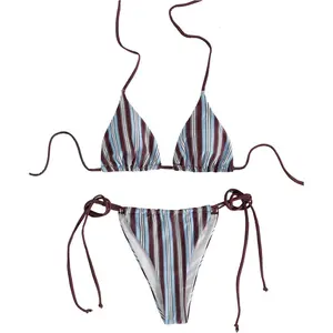 Women's 2 Piece Striped Halter String Cute Bikini Sets Swim Suits Cheeky Triangle Bathing Suit