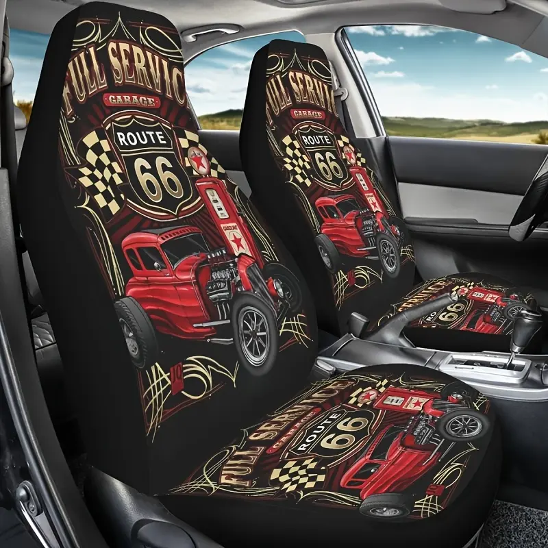 2pcs Set of Front Car Seat Covers - 'Car 66' Print - Premium Comfort, Universal Fit, Durable Design - Enhance Your Car Interior Style, Suitable for Cars, Trucks, Vans, Suvs. A Great Holiday Gift