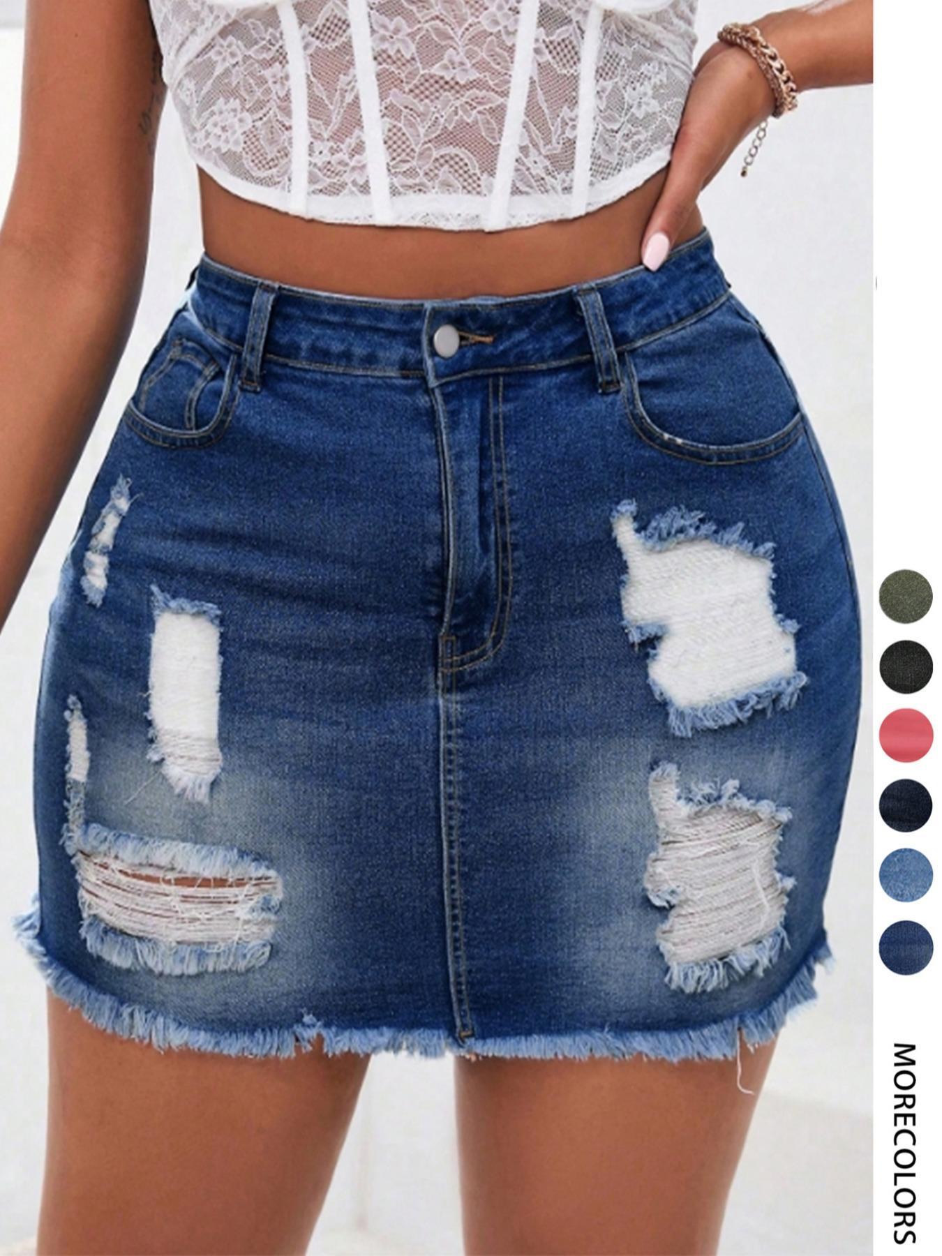 Women's Distressed Fit Denim Skirt, Fashion Casual Ripped Short Skirt with Button for Daily Outdoor Wear, Micro Skirt, Ladies Bottoms for Summer