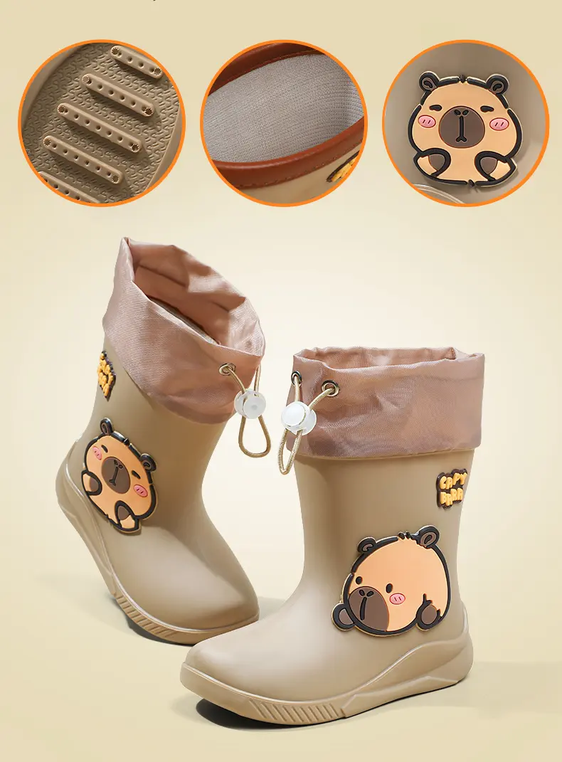 Capybara Rubber Boots For Kids Anti-Slip Youngsters's Mid-Calf Rain Boots With Elastic Band Boy and Girl Comfortable Rain Shoes