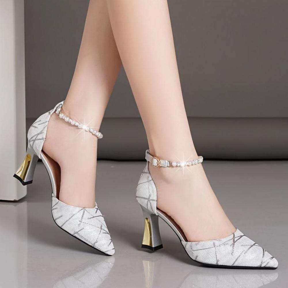 Women's Faux Pearl Decor High Heels, Elegant Point Toe Dress Pumps, Fashion Buckle Strap Heels