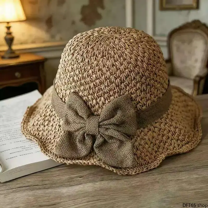 Women's French Hand-Woven Retro Straw Sun Hat - Wide Brim, Ruffled Fabric Bow Decoration, Light Breathable Natural Grass, Foldable, UV Protection Portable Bag Accessory for Summer Travel Beach (Luggage & Bags DIY Accessory)
