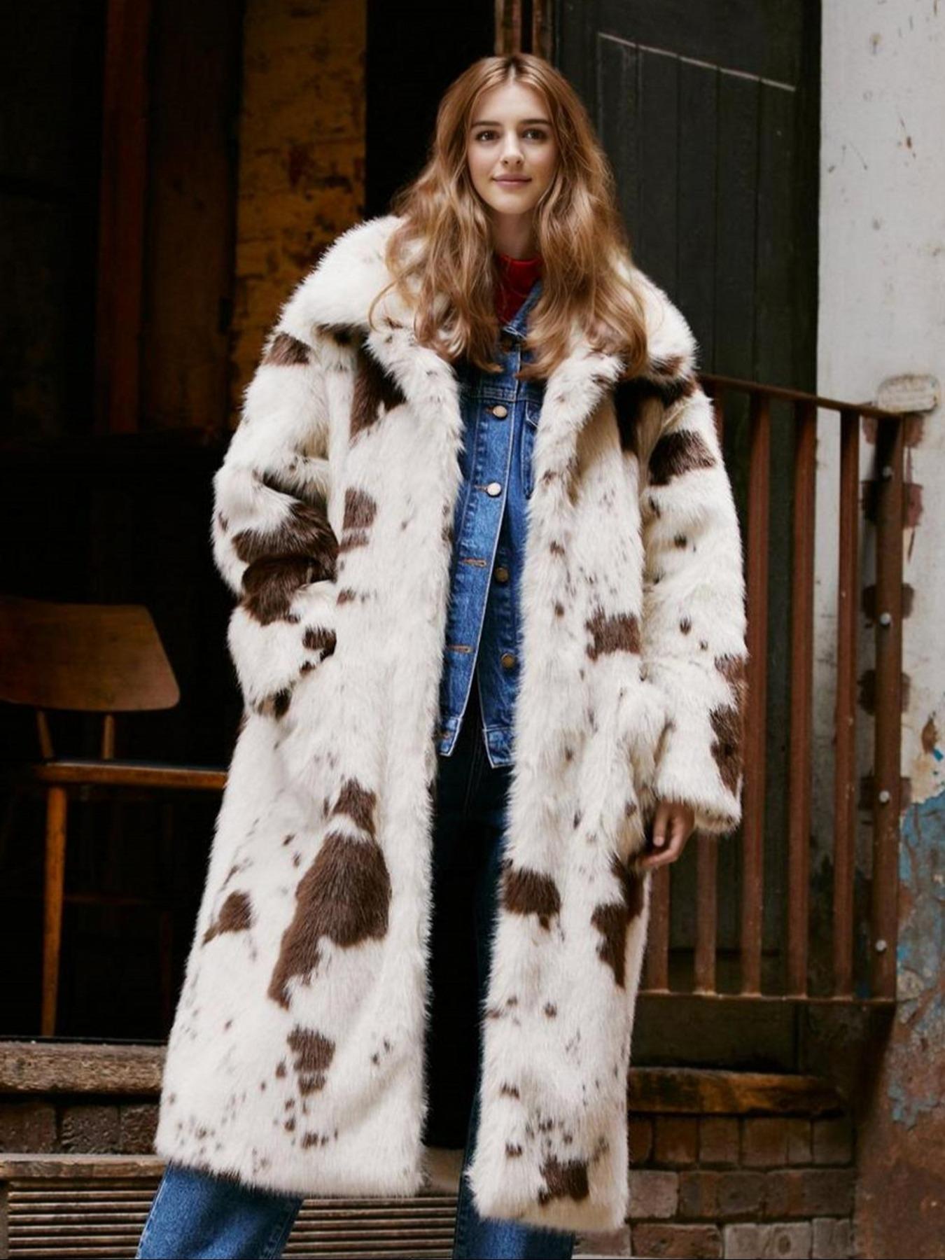 Women's Thick Fleece Faux Fur Coat with Lapel Collar, Stylish Casual Colorblock Patchwork Fitted Mid-Length Jacket for Fall & Winter, Soft Comfortable Polyester Outerwear