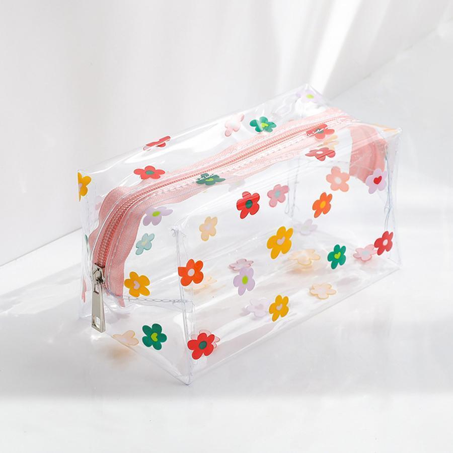 3pcs Transparent Flower Makeup Bag, Summer Floral Pattern Clear Cosmetic Bag with Zip, Portable Makeup Organizer Pouch, Multifunctional Waterproof Toiletry Bag