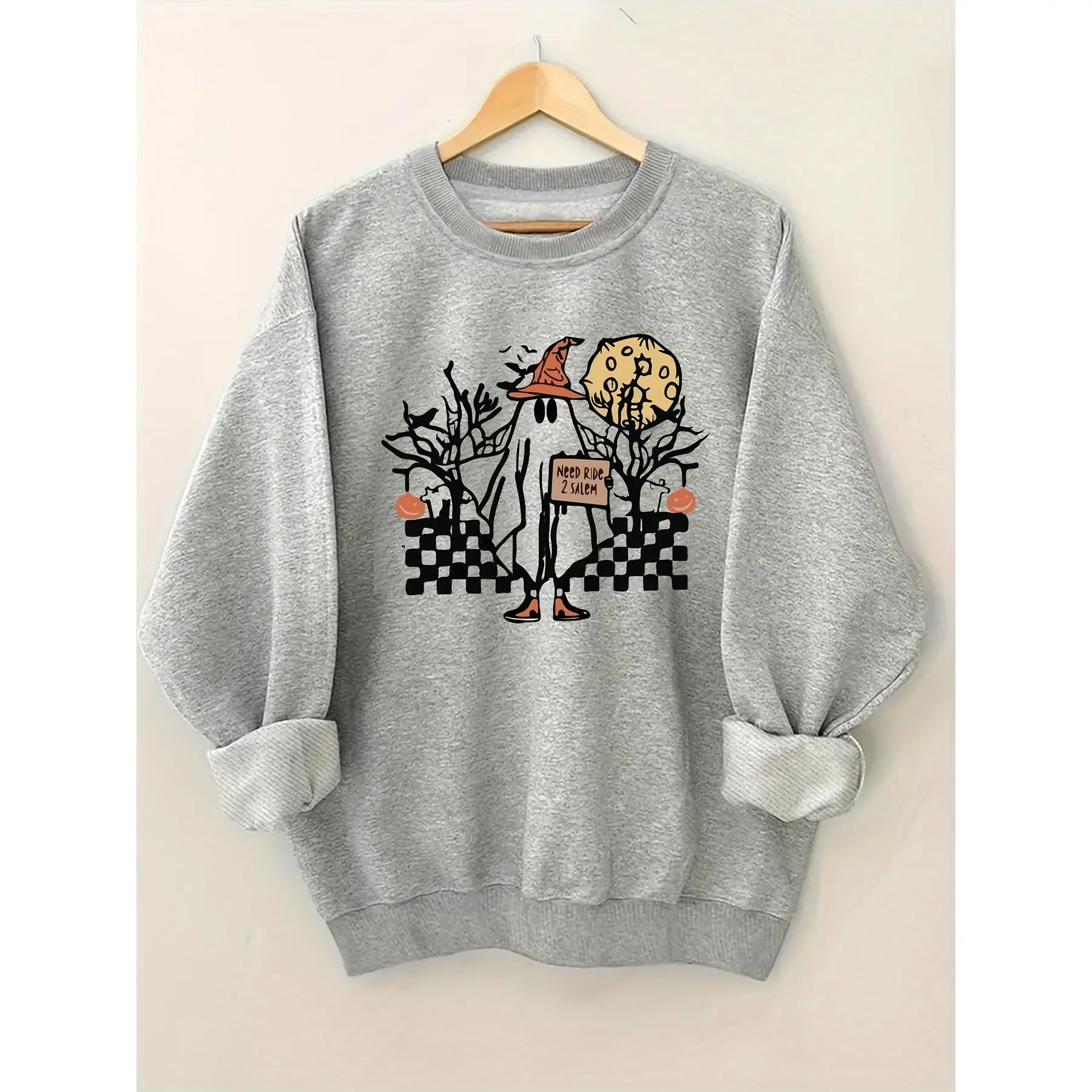 Halloween Ghost Print Pullover Sweatshirt, Casual Long Sleeve Crew Neck Sweatshirt For Fall & Winter, Women's  Clothing