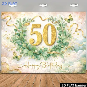 2D Flat Banner 1pc, 50th Birthday Celebration Backdrop Featuring a Central Shimmering Golden " Number Adorned with an Exquisite Green Leaf Wreath and Butterfly Decorations. The Bottom Is Printed with Artistic "Happy Birthday" Lett