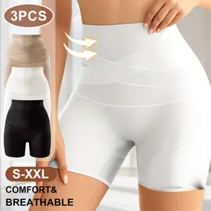 QUASTI 3 Pack High Rise Seamless Safety Shorts, Tummy Control No Show Smooth Cross Design Shaping Panties, Solid Color Slim Hip Lifting Sport Summer Daily Wear Underwear S-XXL