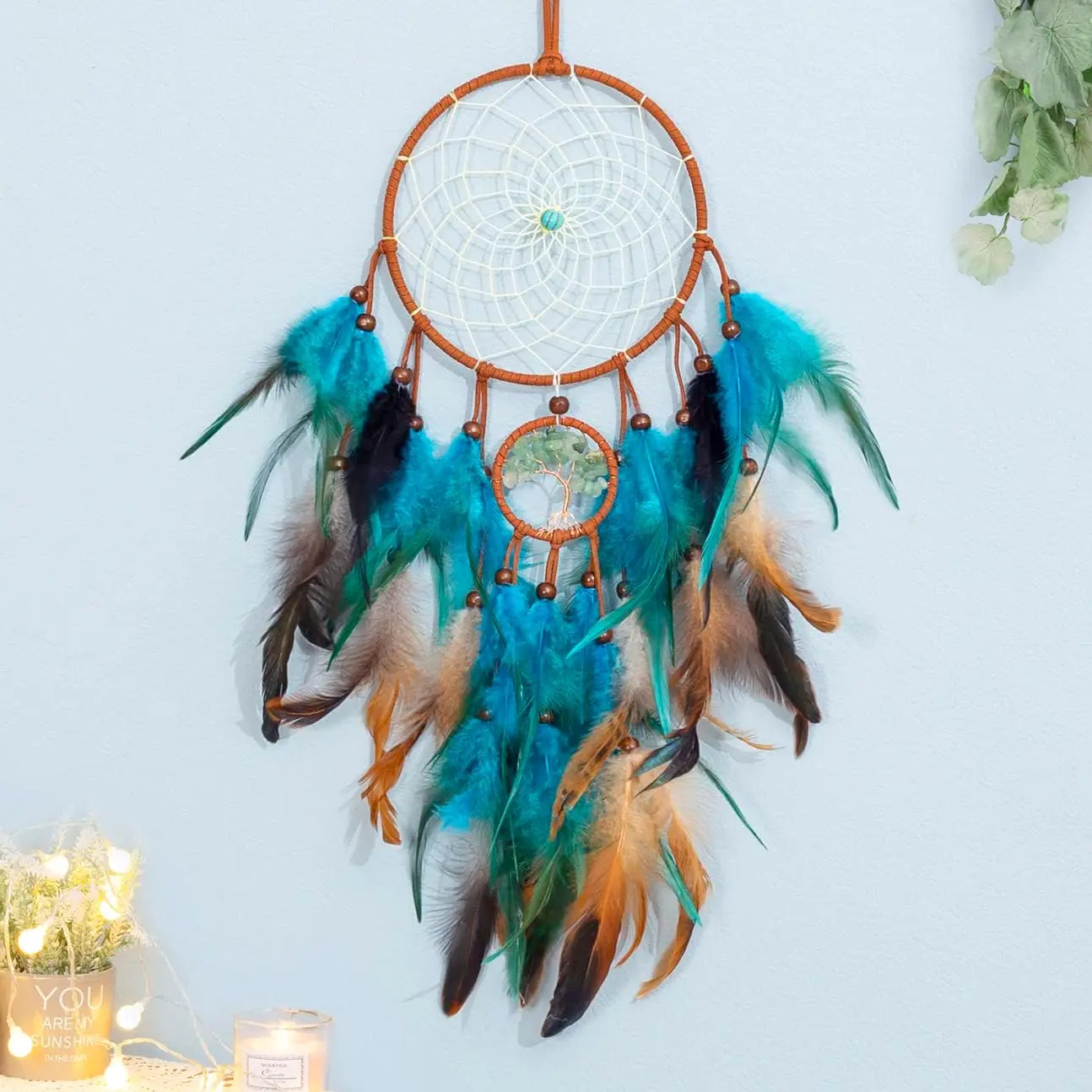 Dream Catcher Blue Tree of Life with Feathers,  Indians Traditional | Circular Net for Wall  Decor, Bedroom ,  Decoration Wed Party Blessing
