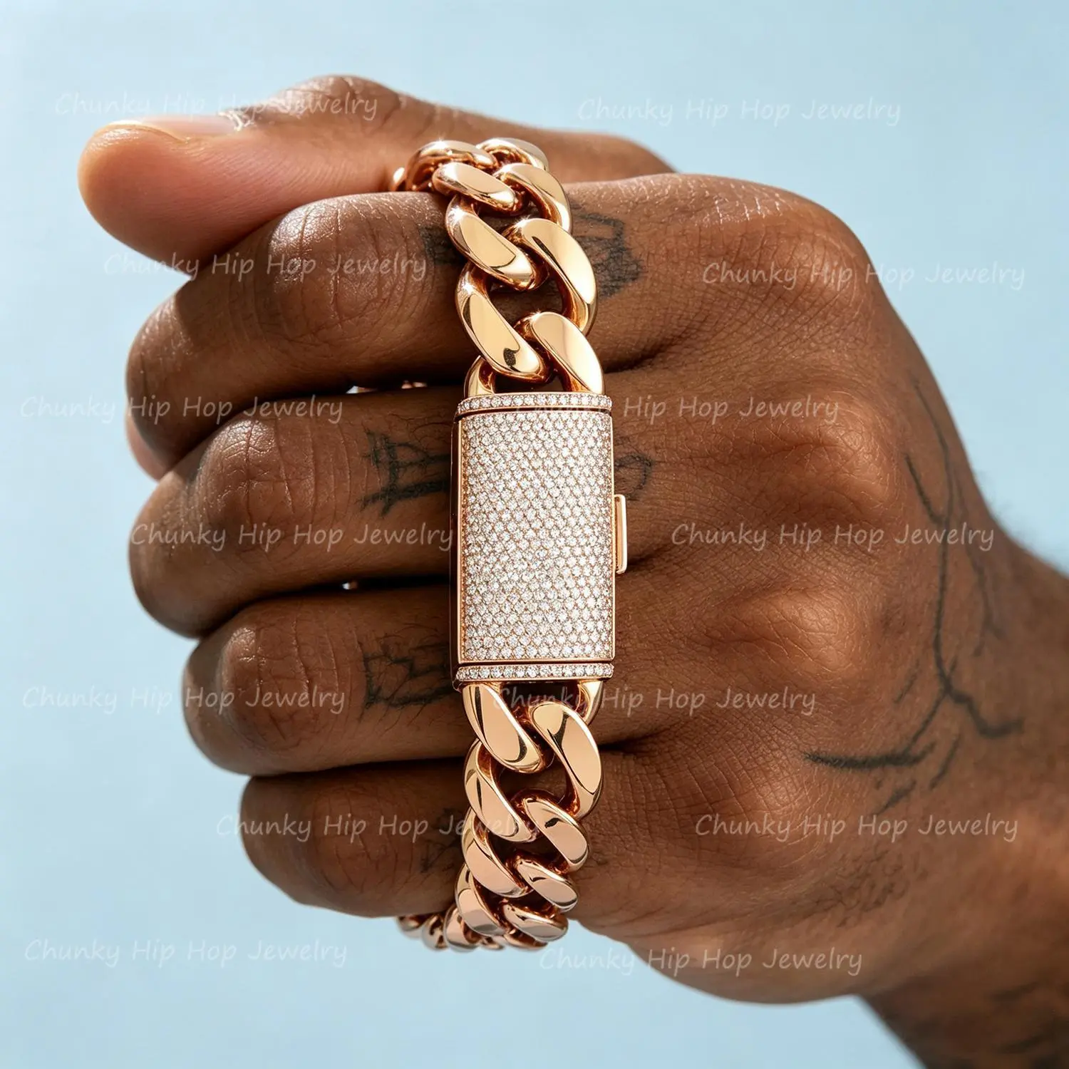 Rose Gold/Gold/Silver Tone Stainless Steel Fashion Womens Mens Miami Cuban Chain Bangle Bracelet  With ICEDOUT Bling Copper Clasps+Stainless Steel Hip Hop Style