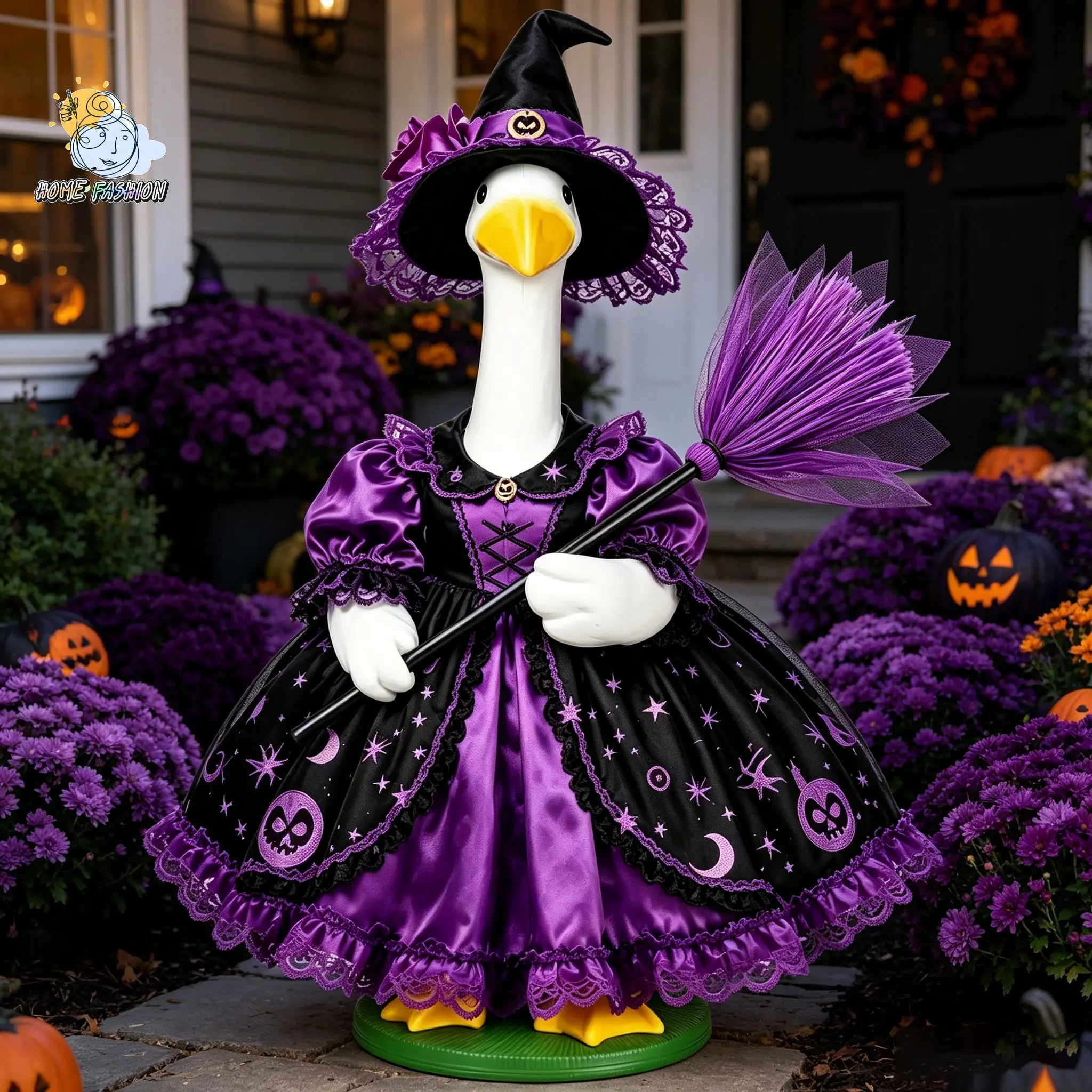 Porch Goose Halloween Witch Outfits Lace Trim Dress Hat and Broom Set for 23inch Goose Statue, Garden Holiday Decor