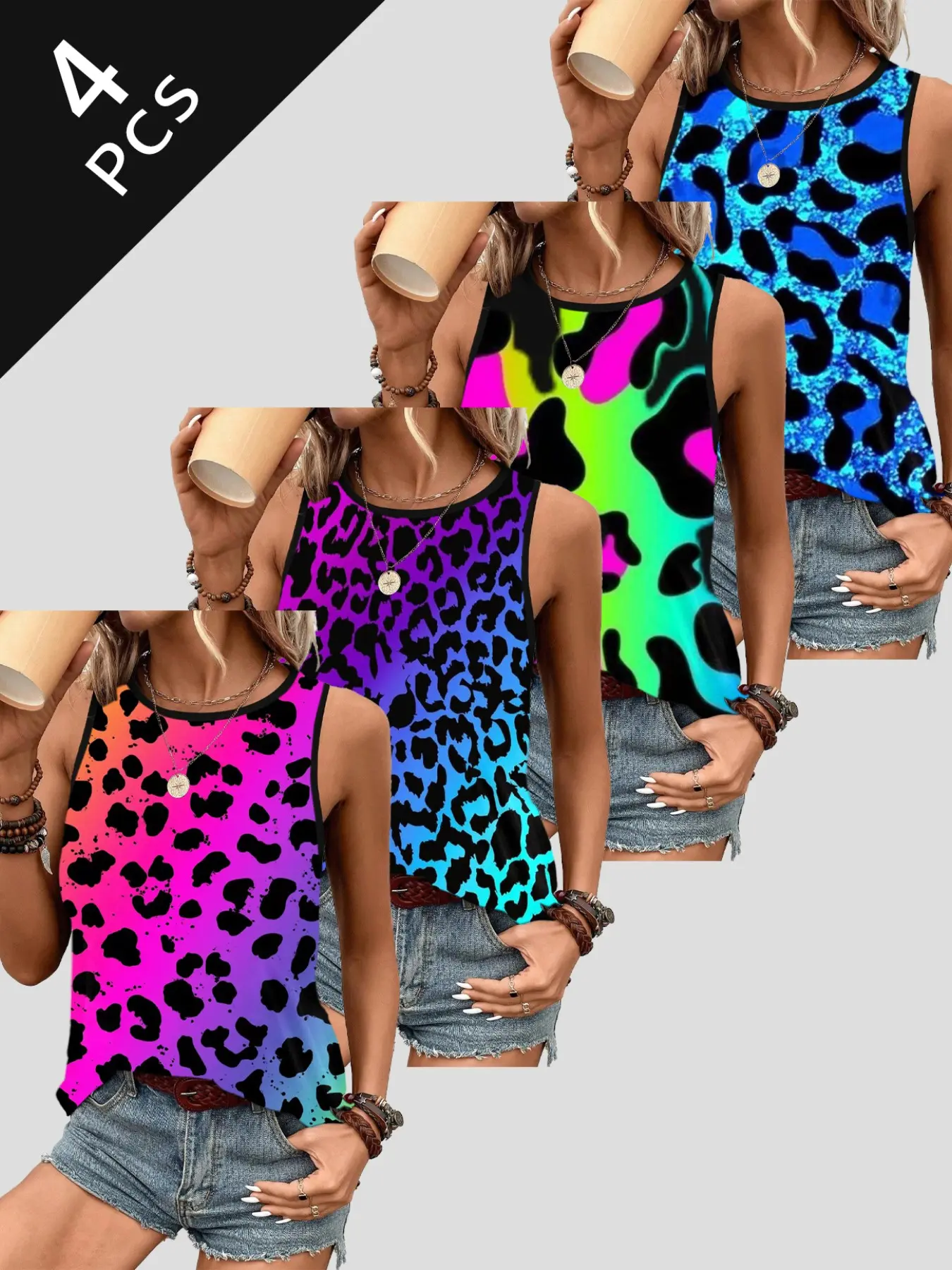 4-Piece Y2K Dopamine Fluorescent Gradient Leopard Tank Top Set, Women's Summer European Street Sweet Cool Style, Colorblock Print Sleeveless Top