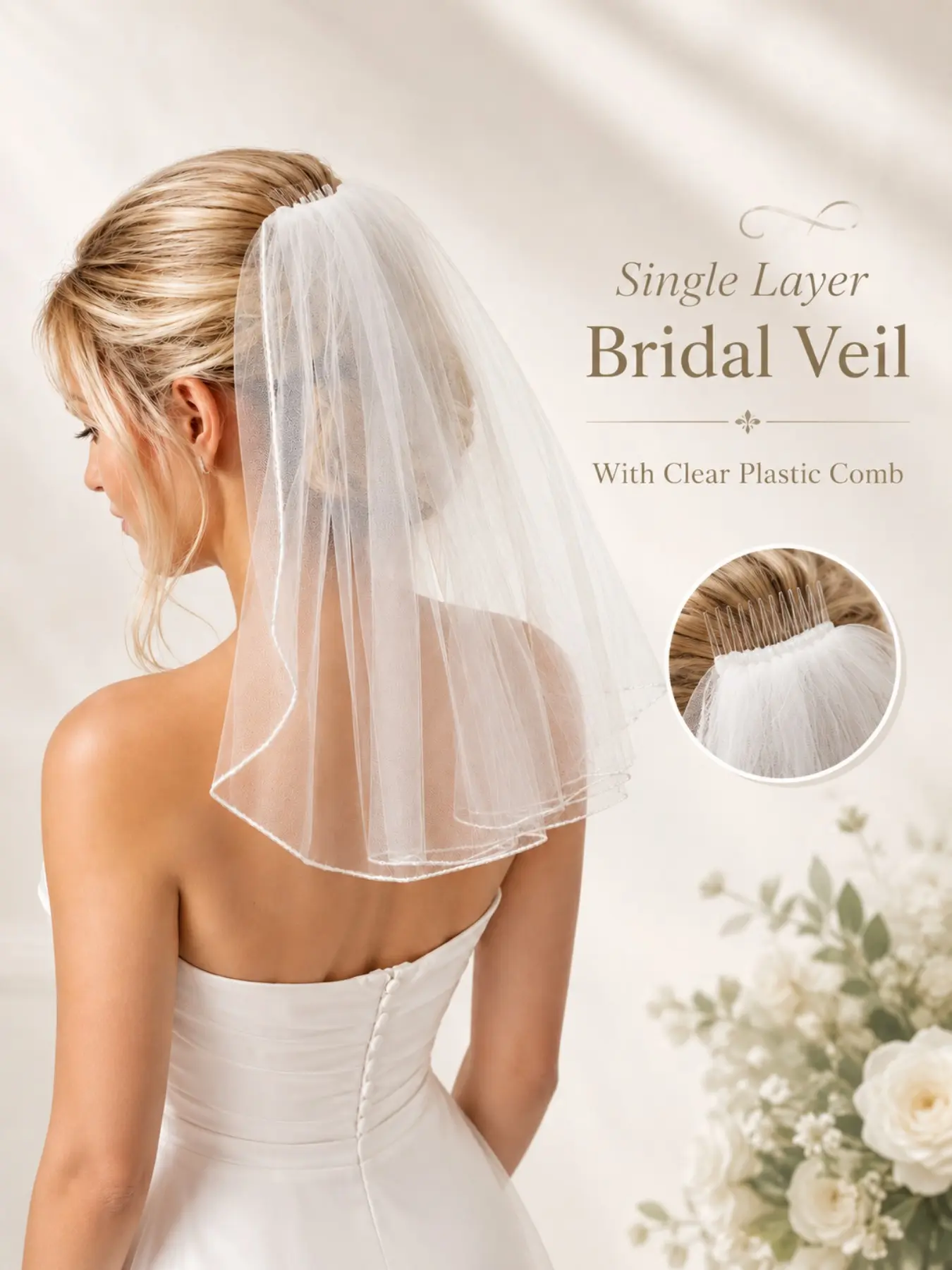 White Short Bridal Tulle Veil with Secure Clear Hair Comb, Fine Trim Edge Single Layer Bride Headpiece, Portable Lightweight Wedding Accessory for Bridal Party & Marriage Ceremony Use, Wedding Veils for Brides