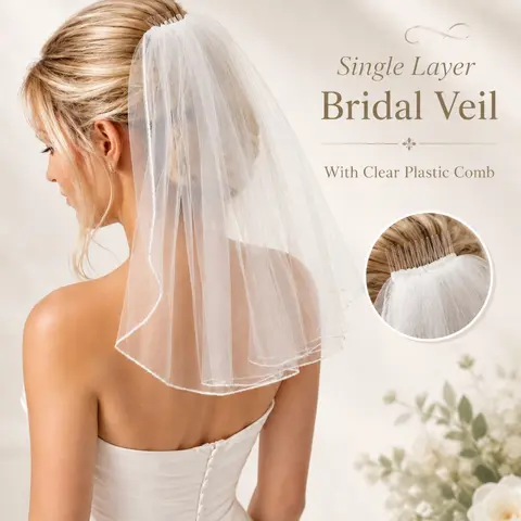 White Short Bridal Tulle Veil with Secure Clear Hair Comb, Fine Trim Edge Single Layer Bride Headpiece, Portable Lightweight Wedding Accessory for Bridal Party & Marriage Ceremony Use, The Wedding Veil