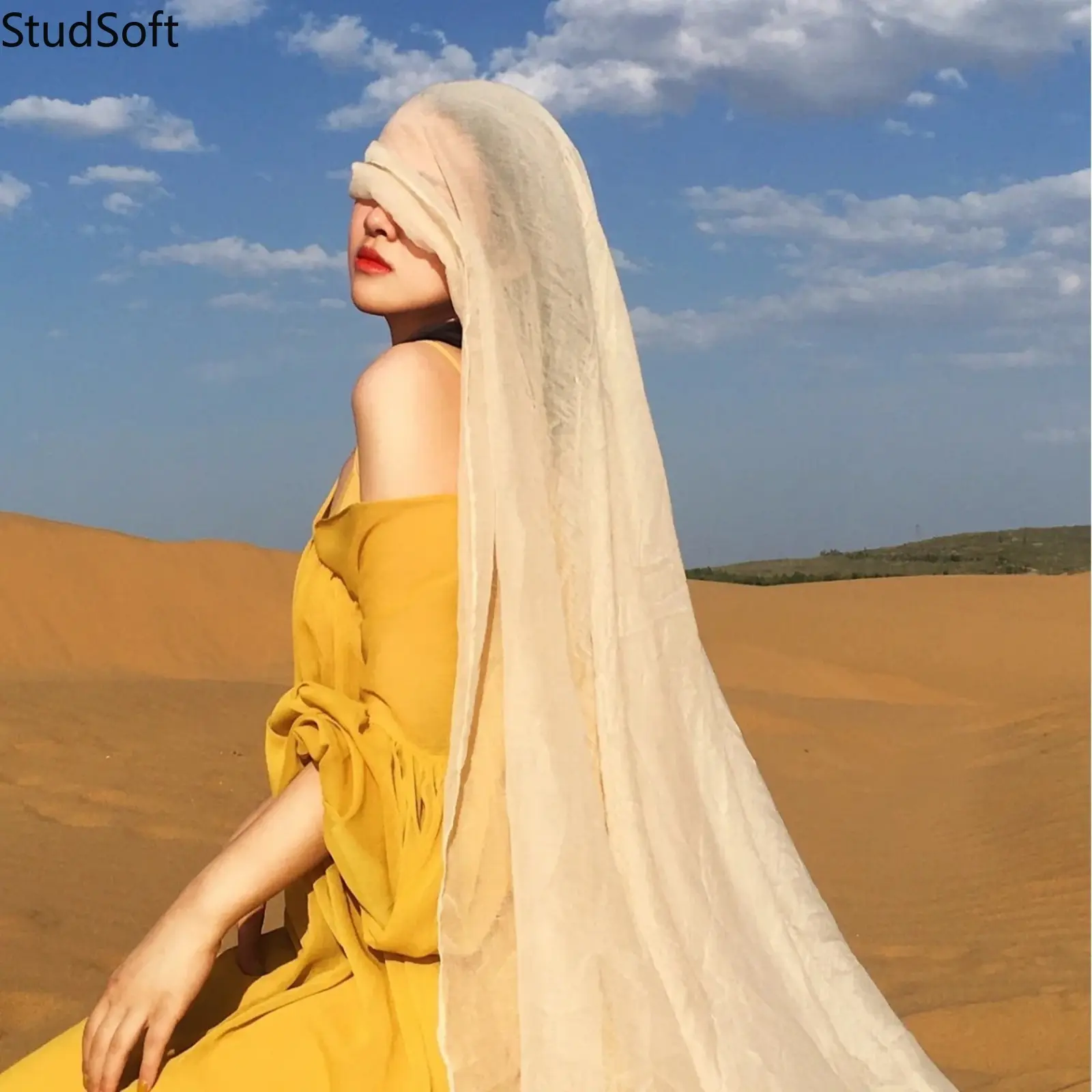 Oversized Linen Cotton Scarf for Women, Vintage Bohemian Sheer Beach Shawl & Wrap, Lightweight Soft Desert Sun Protection Veil for Summer Vacation