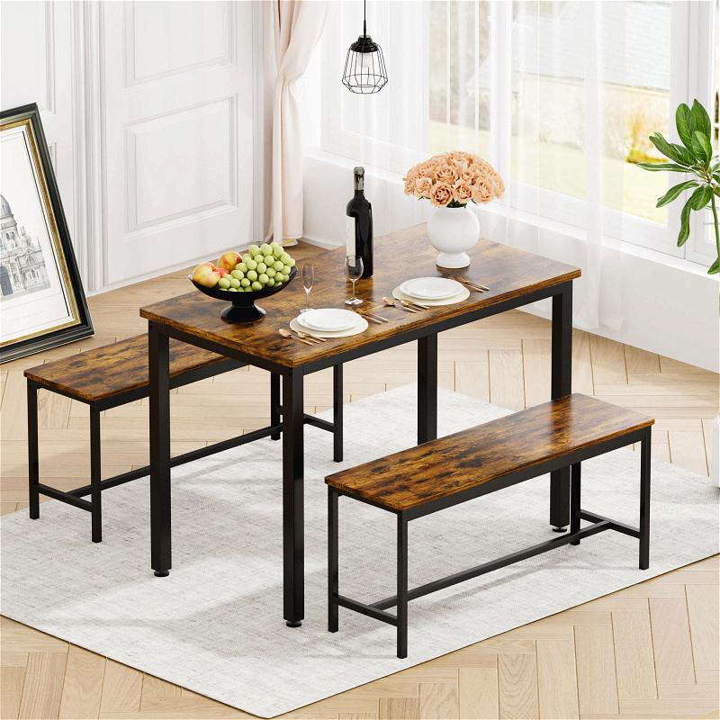 Kitchen Table with 2 Benches for 4, Wood Dining Room Dinette Sets for Breakfast Nook and Small Space, Brown