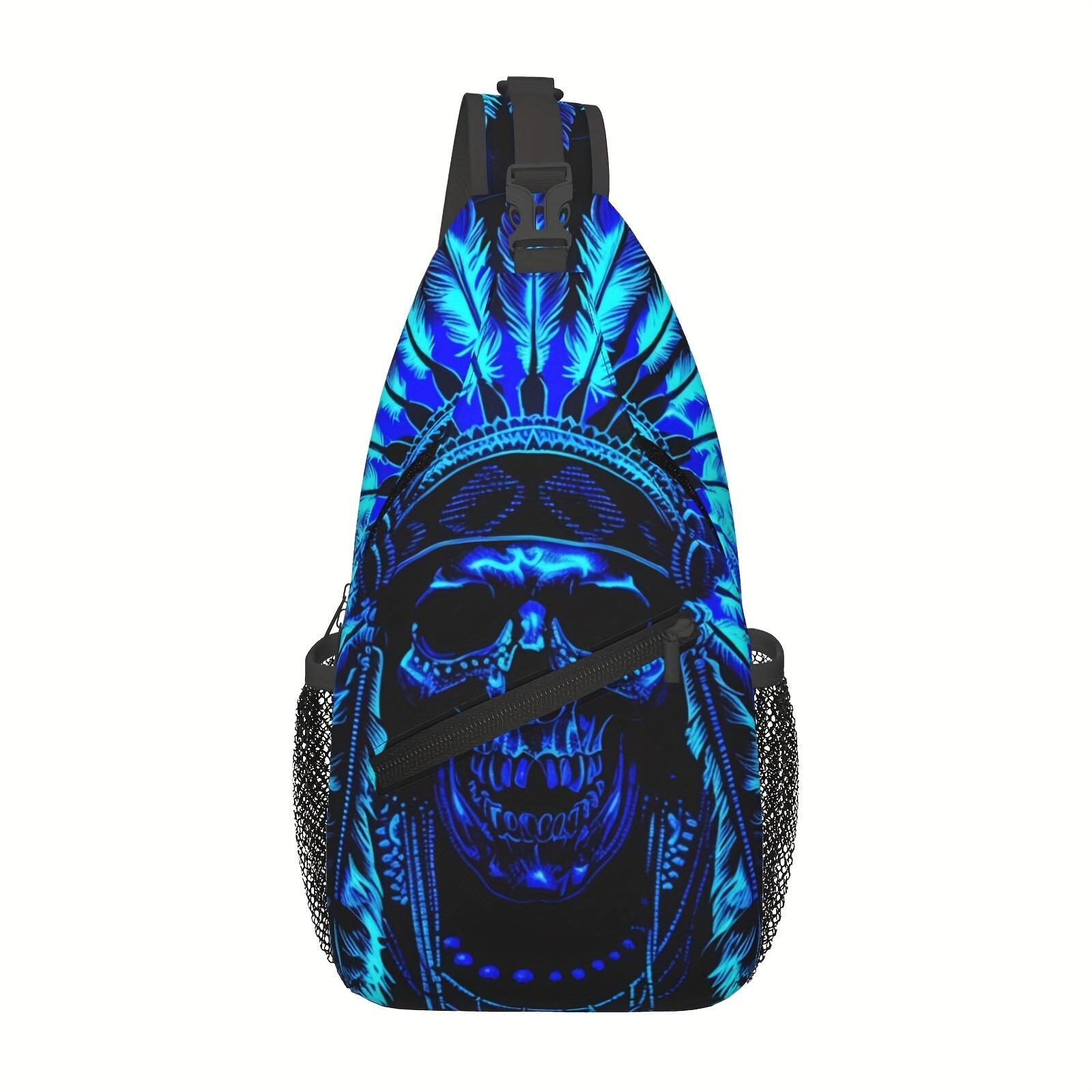 Crossbody Chest  Hiking Indian Western Tribal Blue Skull Shoulder  Folding Large Capacity Fashion Durable Can Be Used For Shopping, Travel Beach  Fishing  Halloween Travel Accessories Must Have  For School Backchristmas Gifts bag backpack