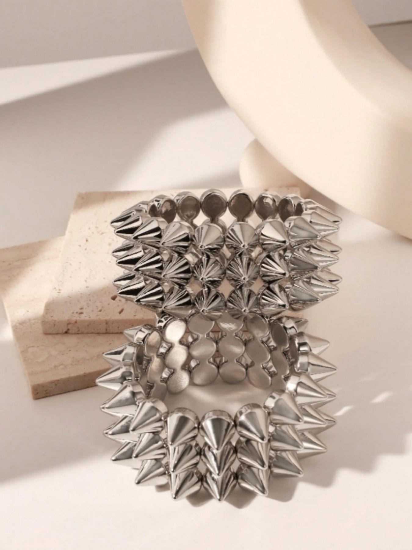 2pcs Punk Style Rivet Spikes Bracelet Set, Unisex Silver Color Edgy Design, Perfect for Daily Wear, Parties & Festivals, Trendy Jewellery Accessories