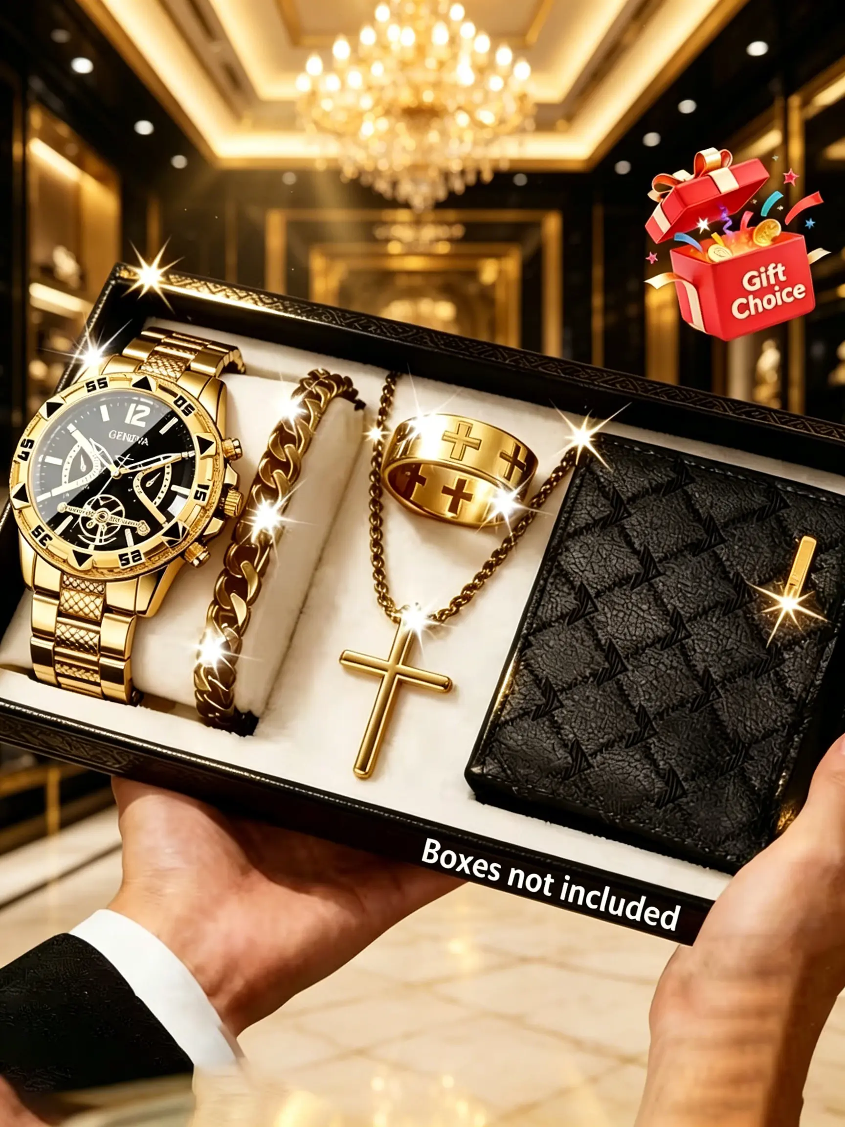 5pcs Luxury Men's Gift Set, Accessories Set, Quartz Watch, Cross Necklace Ring, Cuban Bracelet, Embossed Wallet, Perfect Birthday Gift