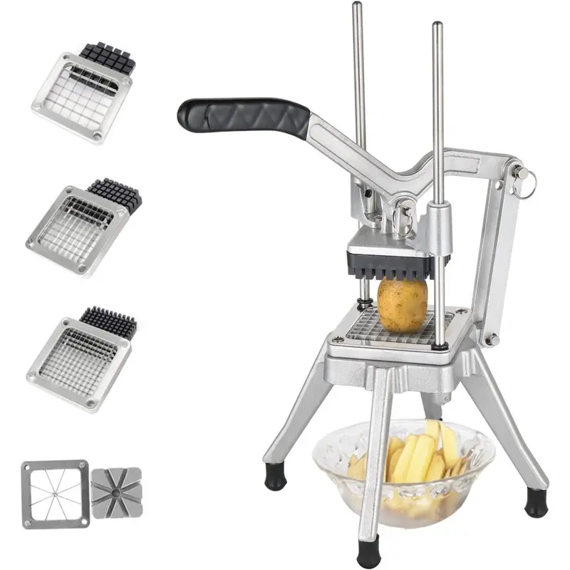1pcs Commercial Vegetable Chopper French Fry Cutter Stainless Steel with 4 Blade Sizes 1/2 3/8 1/4 Inch & 8 Cone Blades Fruit Potato Slicer for Restaurant Home Kitchen Push Board