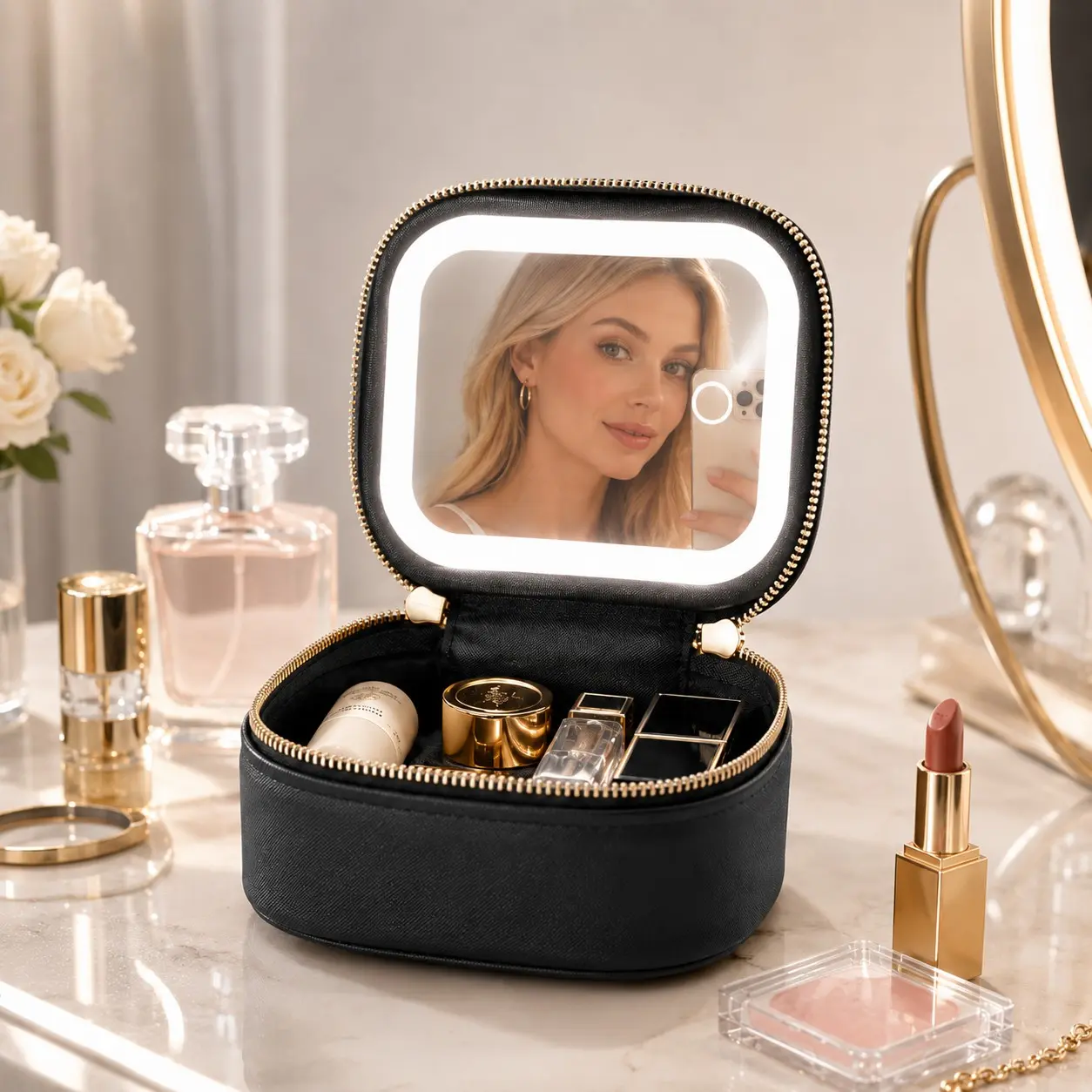 Travel Makeup Case with Illuminated Mirror, Rechargeable Portable Compact Beauty Organizer, Ideal for Daily Use, Travel, Gifts