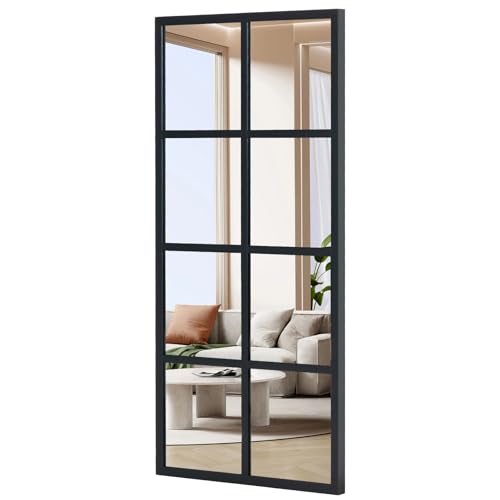 Rectangular Window Pane Decorative Wall Mirror with Black Metal Grid Frame, Modern Geometric Style Mirror for Living Room Bedroom Entryway, Stylish Home Decor Accent with Unique Grid Pattern and Sleek Black Finish