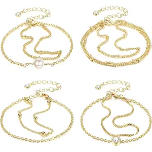 4Pcs Multi Layer Bracelets for Women, Tiny Pearl & CZ Chain Bracelet Set, Beaded Charm Dainty Minimalist Adjustable Bracelets, Gold Tone