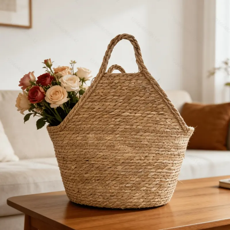 Large Capacity Straw Woven Storage Basket, Book Bag Style with Handle, Home Use Simple Design, Laundry Bin, Direct Factory Supply