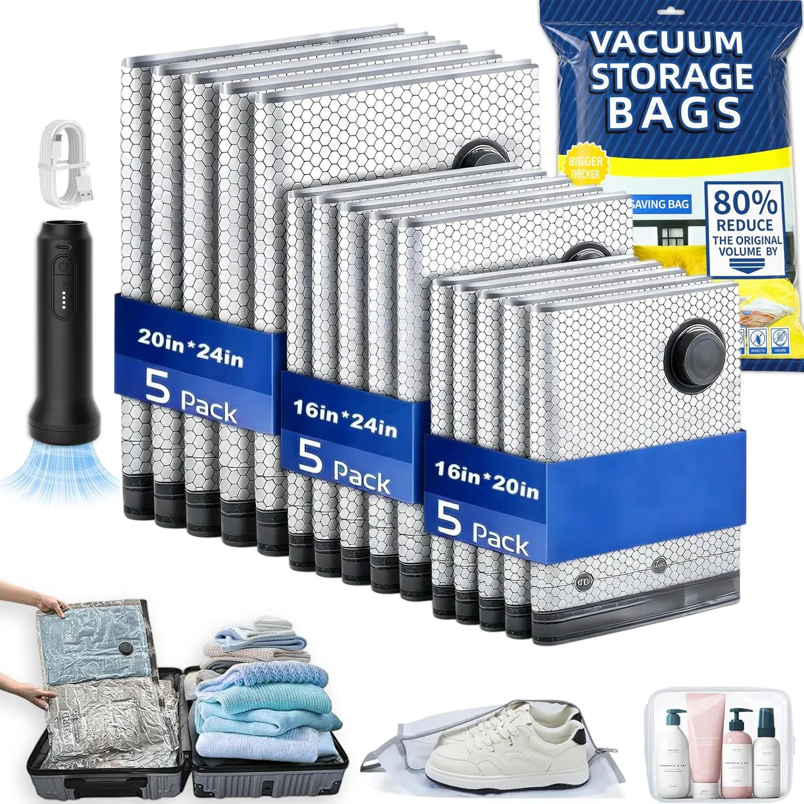 Home Travel Vacuum Storage Bag Set Electric Suction Pump Quilt Down Jacket Compression Bags High Toughness Sealed Moisture Proof Organizer Bags