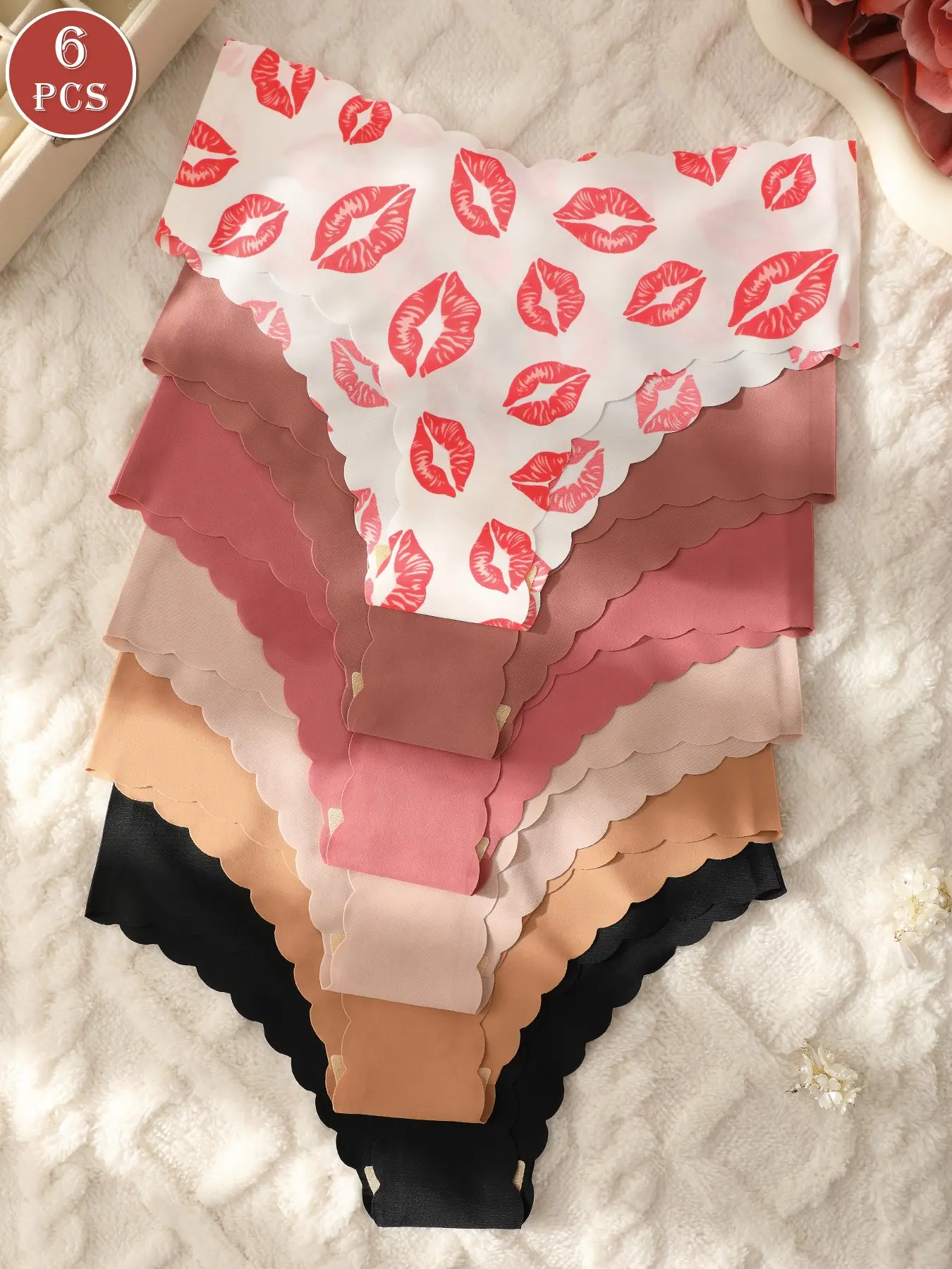 6 Pcs Seamless Women's Triangle Panties, Lip Print, All Season Daily Wear, Slim-Fitting Briefs, Plain Surface, Unlined