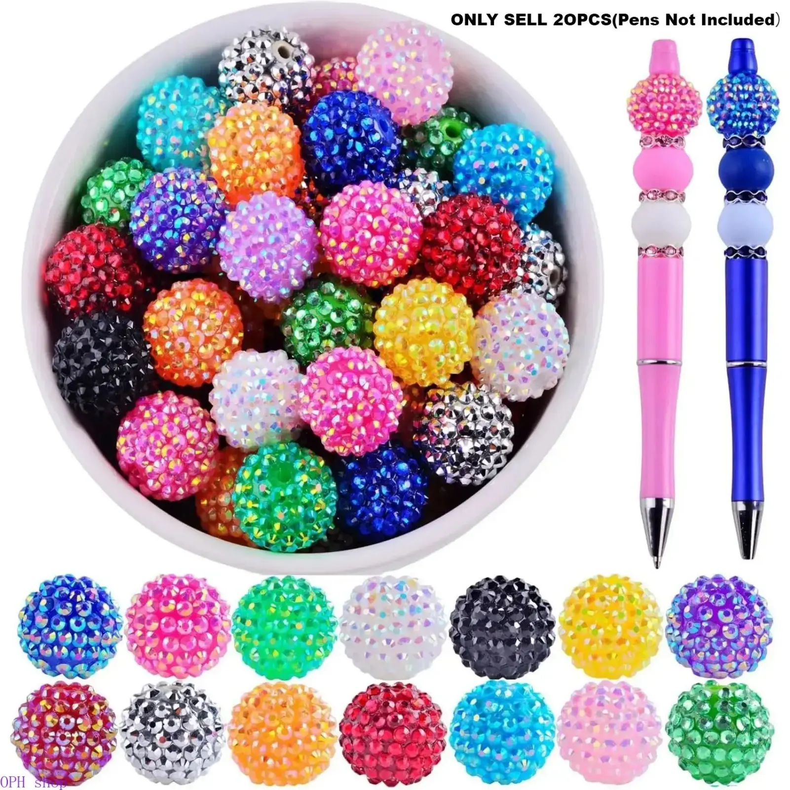 20Pcs 20mm Rhinestone Bubblegum Beads Bling Crystal Large Beads For DIY Beadable Pens Keychains Jewelry Making Multi-Purpose Handmade Craft Decorative Supplies, Sparkle, Crafts, Beads Making