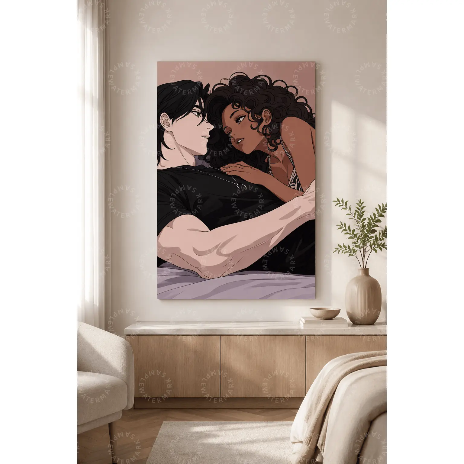 Romantic Couple Illustration Poster, Modern Intimate Portrait Canvas Wall Decor, Soft Pink Aesthetic Art Print for Bedroom, Living Room, Teen Room, Office Wall Art, Cozy Minimalist Home Decor