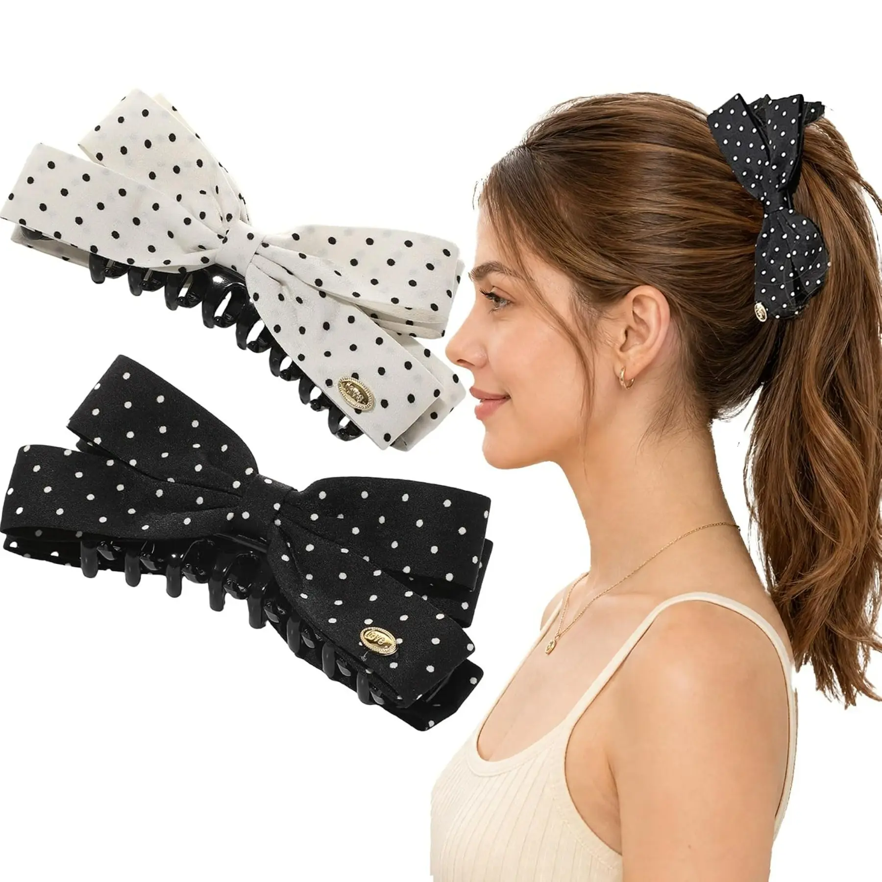 5" Bow Banana Hair Clips, Vintage Polka Dot Banana Clips for Thick Hair
