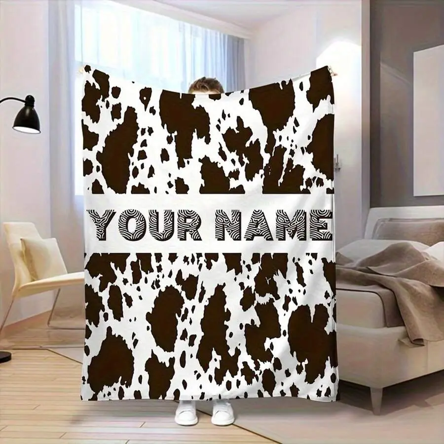 Personalized Name Cow-Print Throw Blanket, Custom Name Soft Blanket, Home Decoration Comfortable Sofa Cover, Suitable As Birthday And Festival Gifts For Families And Friends
