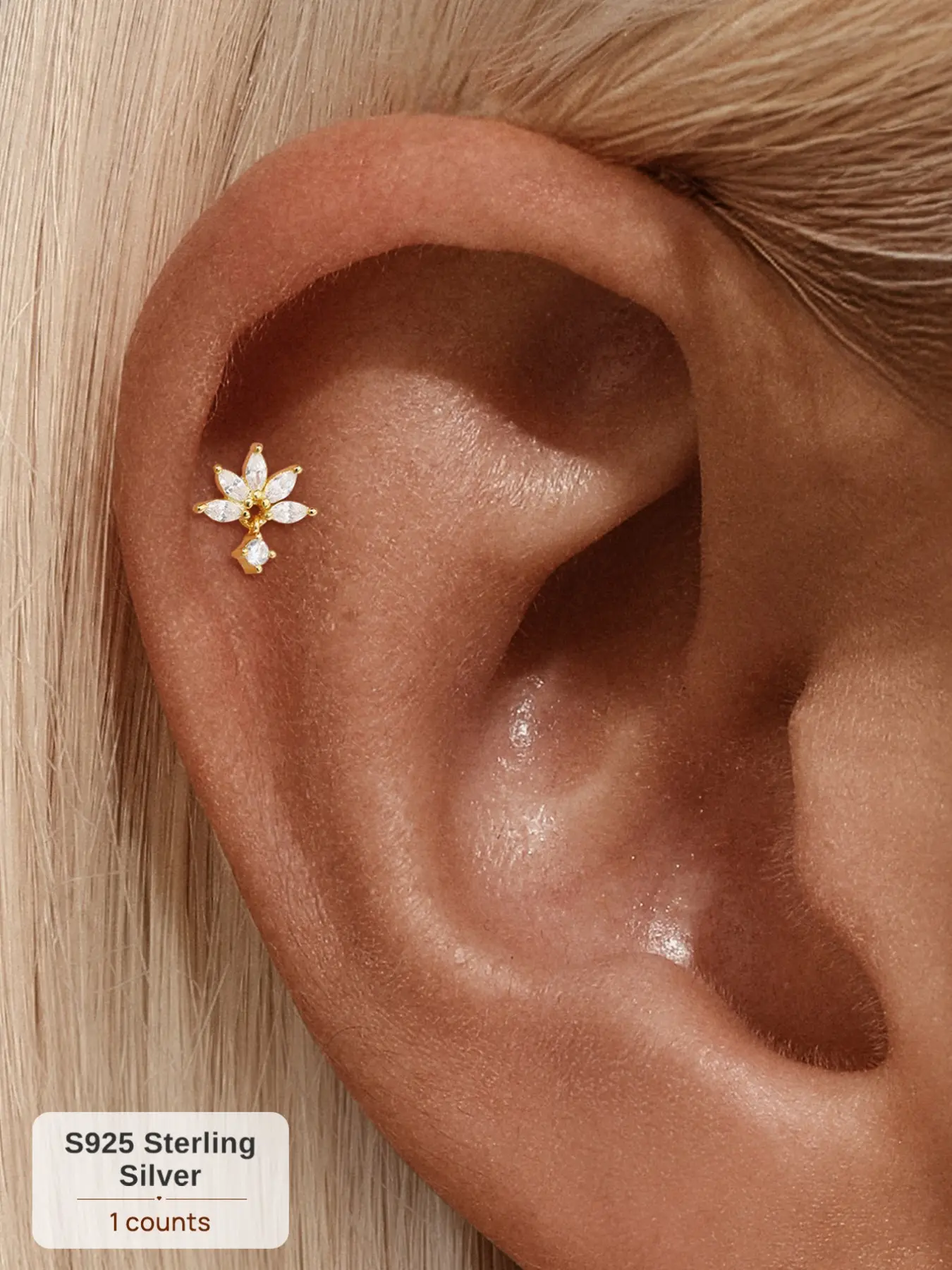 1PC 18K Gold Plated S925 Sterling Silver Royal Crown Marquise Paved CZ Dangle Chain Threaded Flat Back Cartilage Earring, Hypoallergenic,Ideal for Daily Wear, Weddings, Parties, Engagements, Anniversaries, Valentine's Day, and Other Special Occasions.