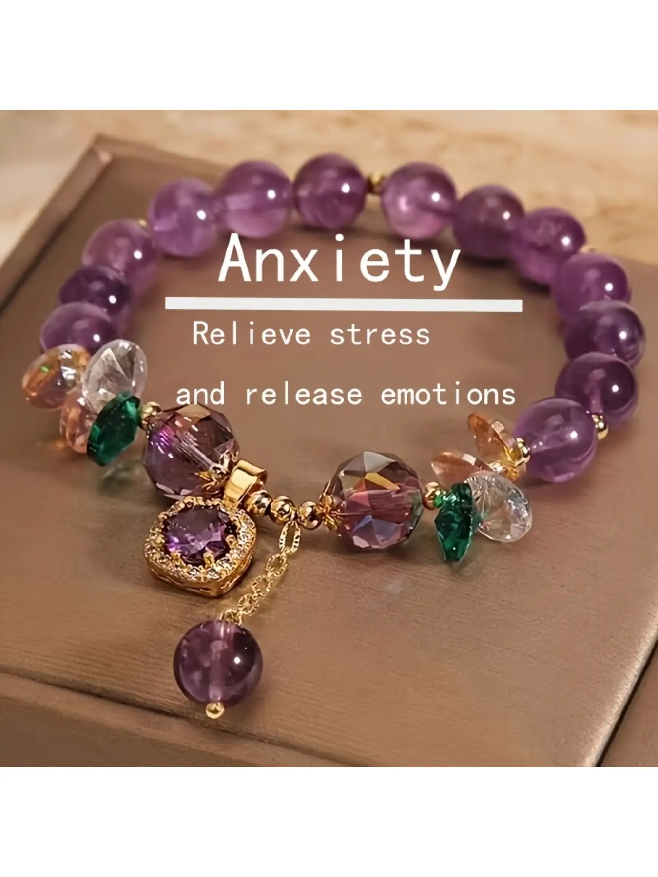 Healing Crystal / Purple Natural Bracelet for Anxiety Relief, with Cube Decor - Stylish Jewelry in Purple and Gold Tones, Energy Bracelet