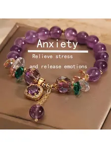 Healing Crystal / Purple Natural Bracelet for Anxiety Relief, with Cube Decor - Stylish Jewelry in Purple and Gold Tones, Energy Bracelet