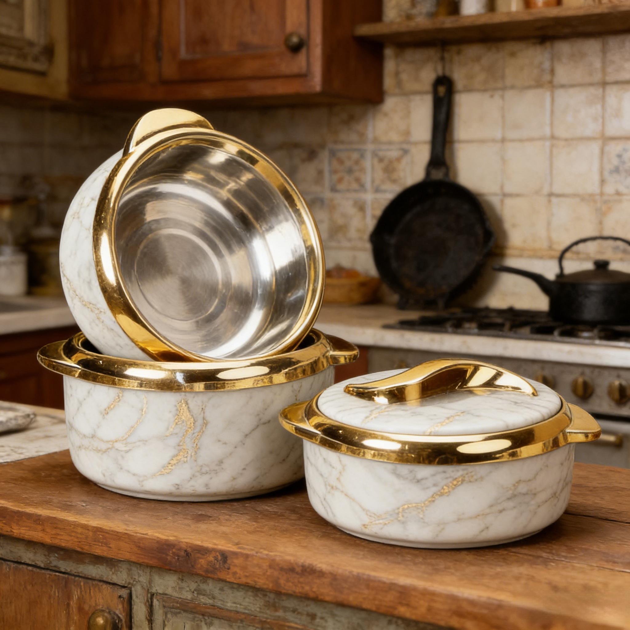 3-piece set of Scandinavian marble pattern insulated pot with gold trim and lid, home dining table thermal food bowl, food preservation box