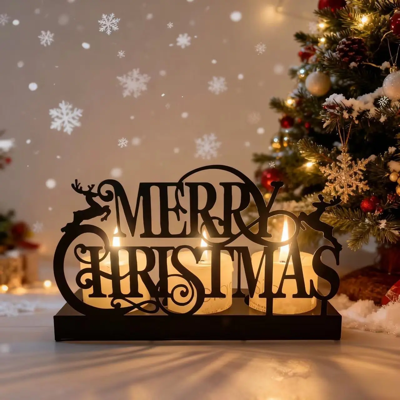 Christmas Metal Candle Holder with Reindeer and Letters, Glossy Enamel Desktop Candle Holder, Festive Home Decor, Elegant Christmas Centerpiece