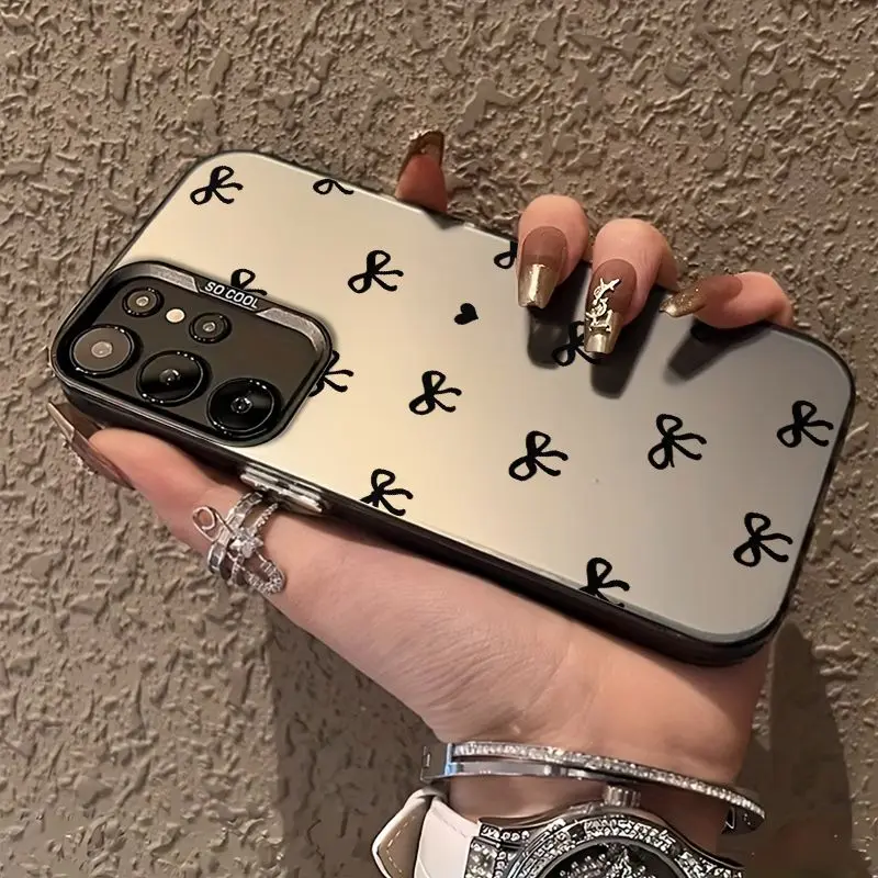Phone Case - an Elegant Phone Case in Black Featuring a Bow And Heart Design, Compatible with The for Samsung S21, S22, S23, S24, S25 Series, As Well As The A15, A13, A55, A54, And A35 Models