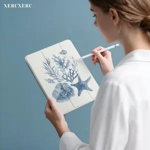 iPad case ipad accessories Blue Watercolor Sea Life (Seastar, Shells, Corals, Seaweed) iPad Case, PU Flip + TPU Soft Shell, 3 - Fold Stand, Pen Holder, Shockproof, Auto Wake/Sleep, Back to School Gift Fall Case for Air 11inch/A16, 9th/10th/11th Gen, Pro 1