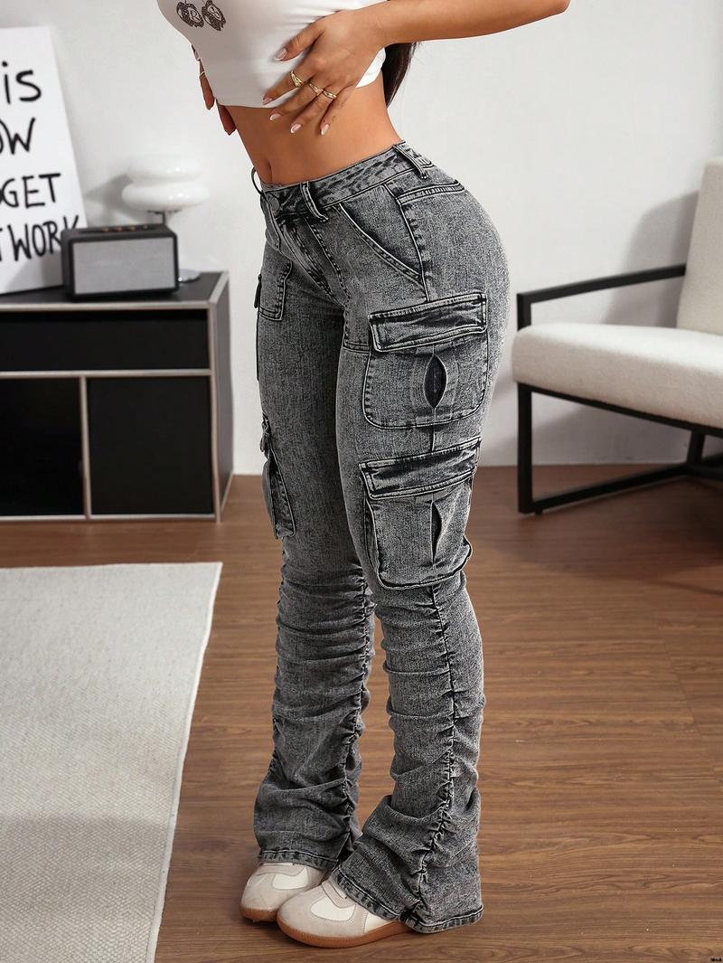 jeans style street folding pockets flap women's ICON SHEIN