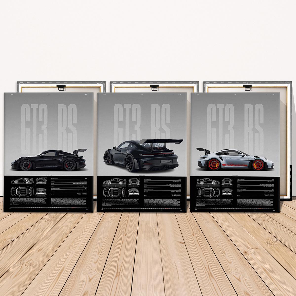 3 Counts Wooden Framed Canvas, Porsche GT3 RS Series Poster, Exquisite Fashion Poster, Modern Art, Abstract Design, Modern Minimalist Design Wall Art for Living Room, Waterproof Artwork, Ideal Gift for Family