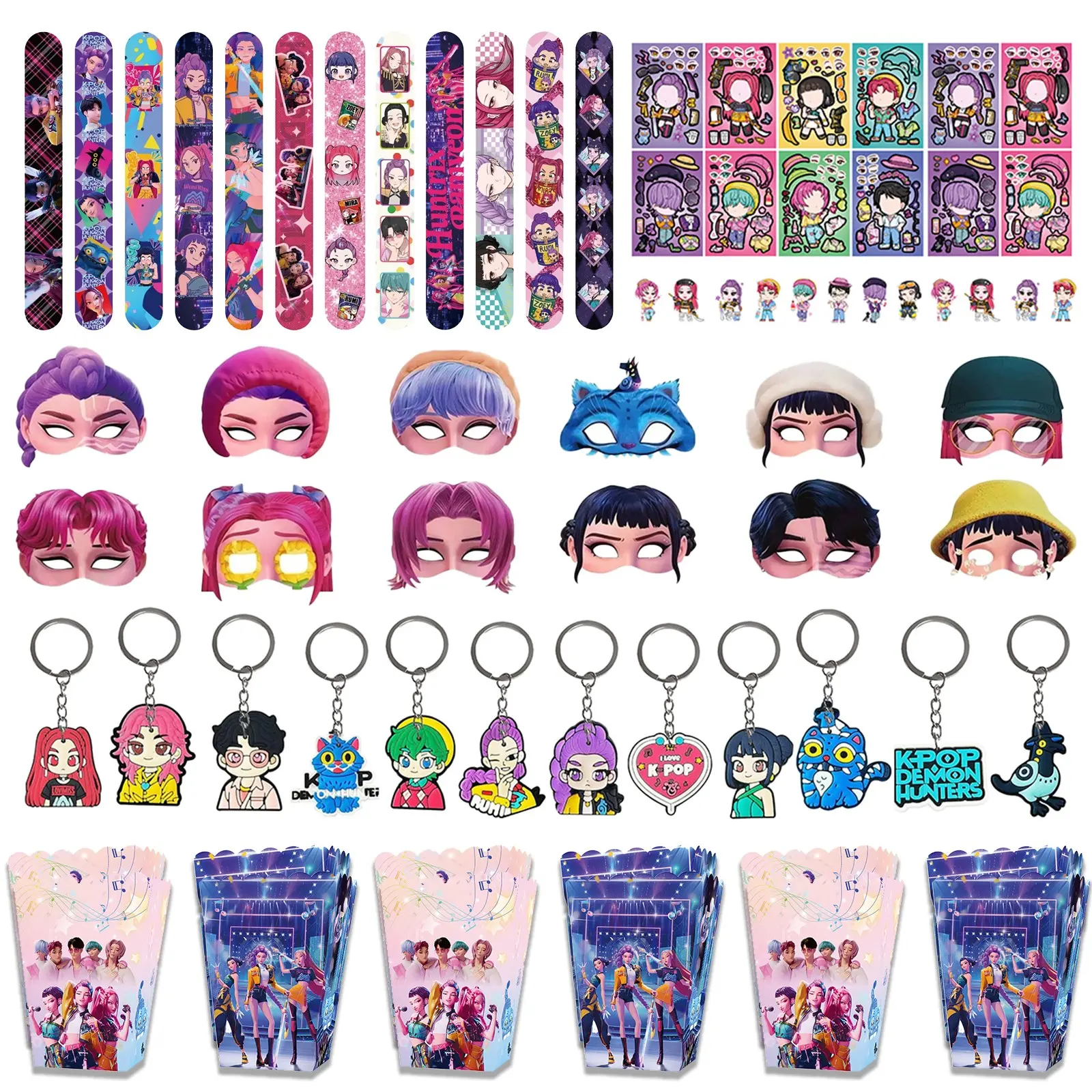 Korean cartoon girl group themed carnival party gift set 5-piece set, includes 12 cartoon keychains, 12 cartoon wristbands, 12 popcorn snack boxes, 12 funny masks, 8 assembly stickers, carefully selected items, full of atmosphere